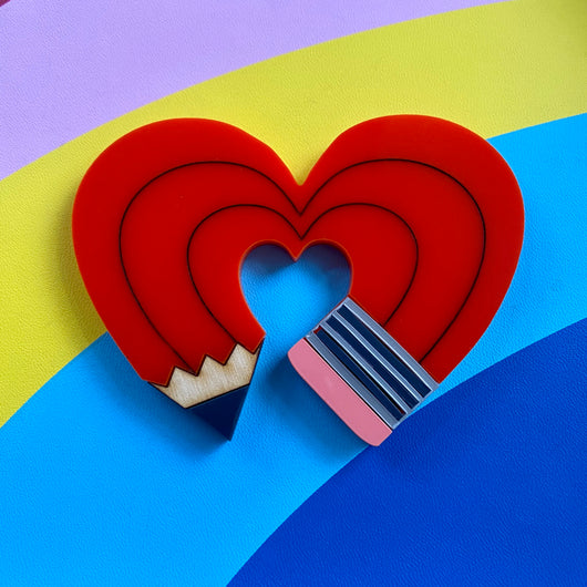 red acrylic pencil heart brooch
