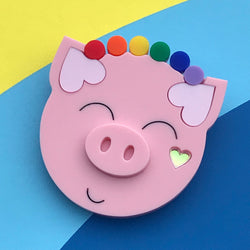 rainbow pom pom acrylic pig brooch