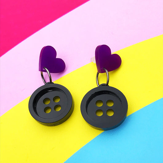 purple and black button acrylic earrings