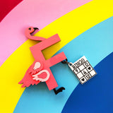 flamingo brooch with bingo card made from acrylic