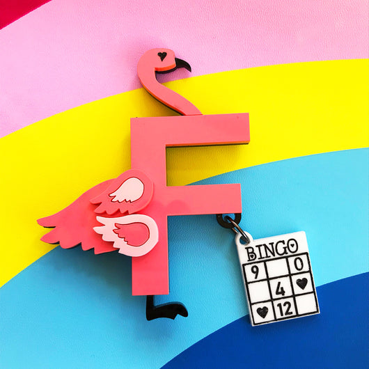 Acrylic Flamingo Playing Bingo Acrylic Brooch – Little Pig Jewellery Design
