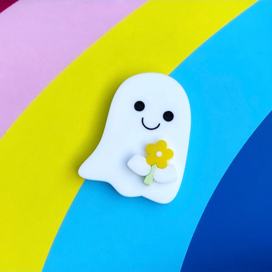 Acrylic ghost and flower brooch