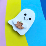 Ghost holding pumpkin acrylic brooch