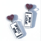 bus ticket and heart laser cut acrylic earrings